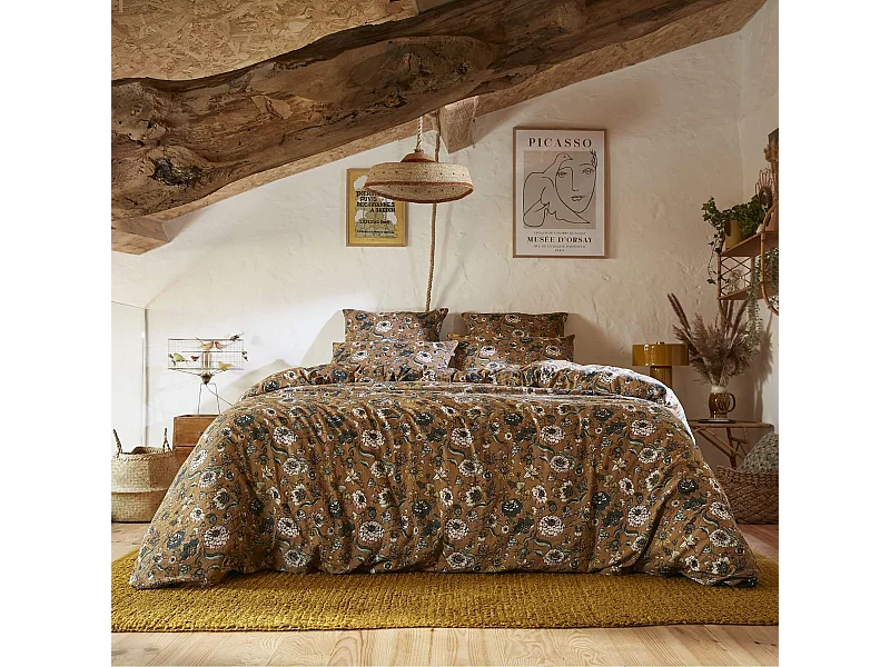 Housse de couette gaze de coton imprimé floral 140x200 cm marron