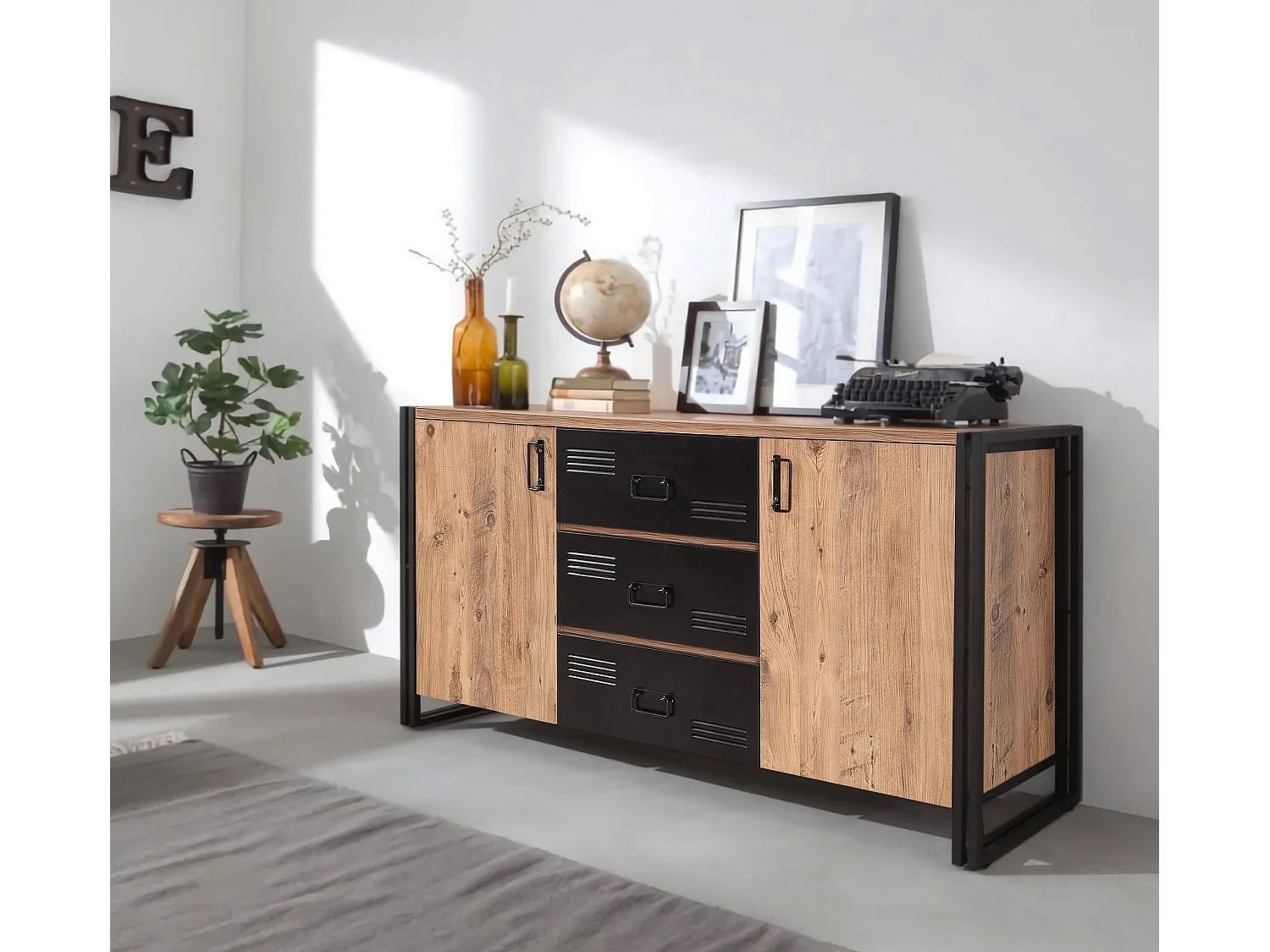 Aparador Industrial – 160 x 80 x 45 cm – Pinho Atlântico e Preto – Melamina e Metal