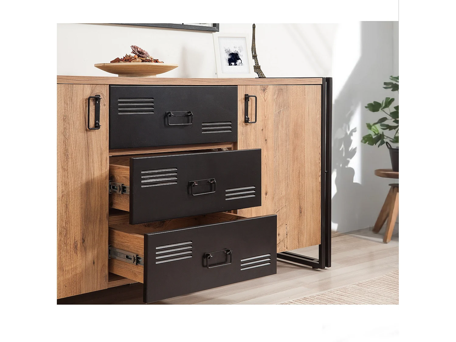 Aparador Industrial – 160 x 80 x 45 cm – Pinho Atlântico e Preto – Melamina e Metal