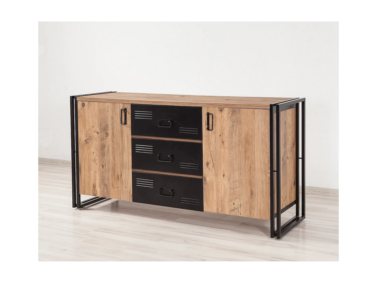 Aparador Industrial – 160 x 80 x 45 cm – Pinho Atlântico e Preto – Melamina e Metal