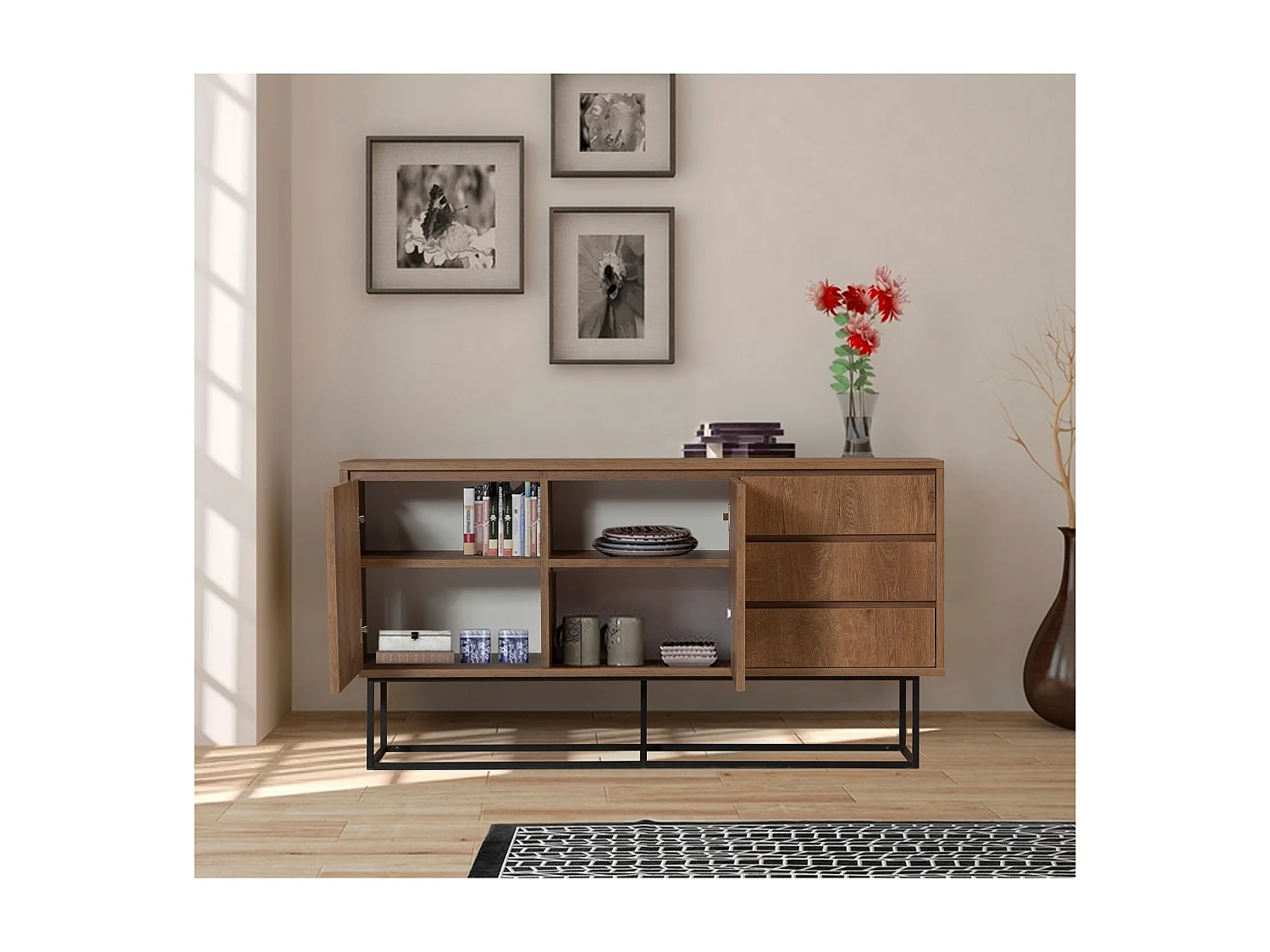 Aparador Moderno com 3 Gavetas e Prateleiras – 140 x 72 x 36 cm – Nogueira e Preto – Melamina e Metal