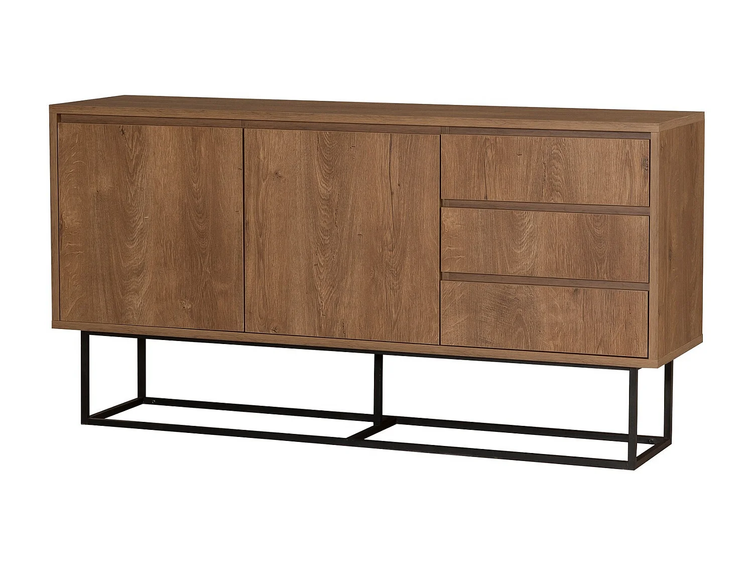 Aparador Moderno com 3 Gavetas e Prateleiras – 140 x 72 x 36 cm – Nogueira e Preto – Melamina e Metal