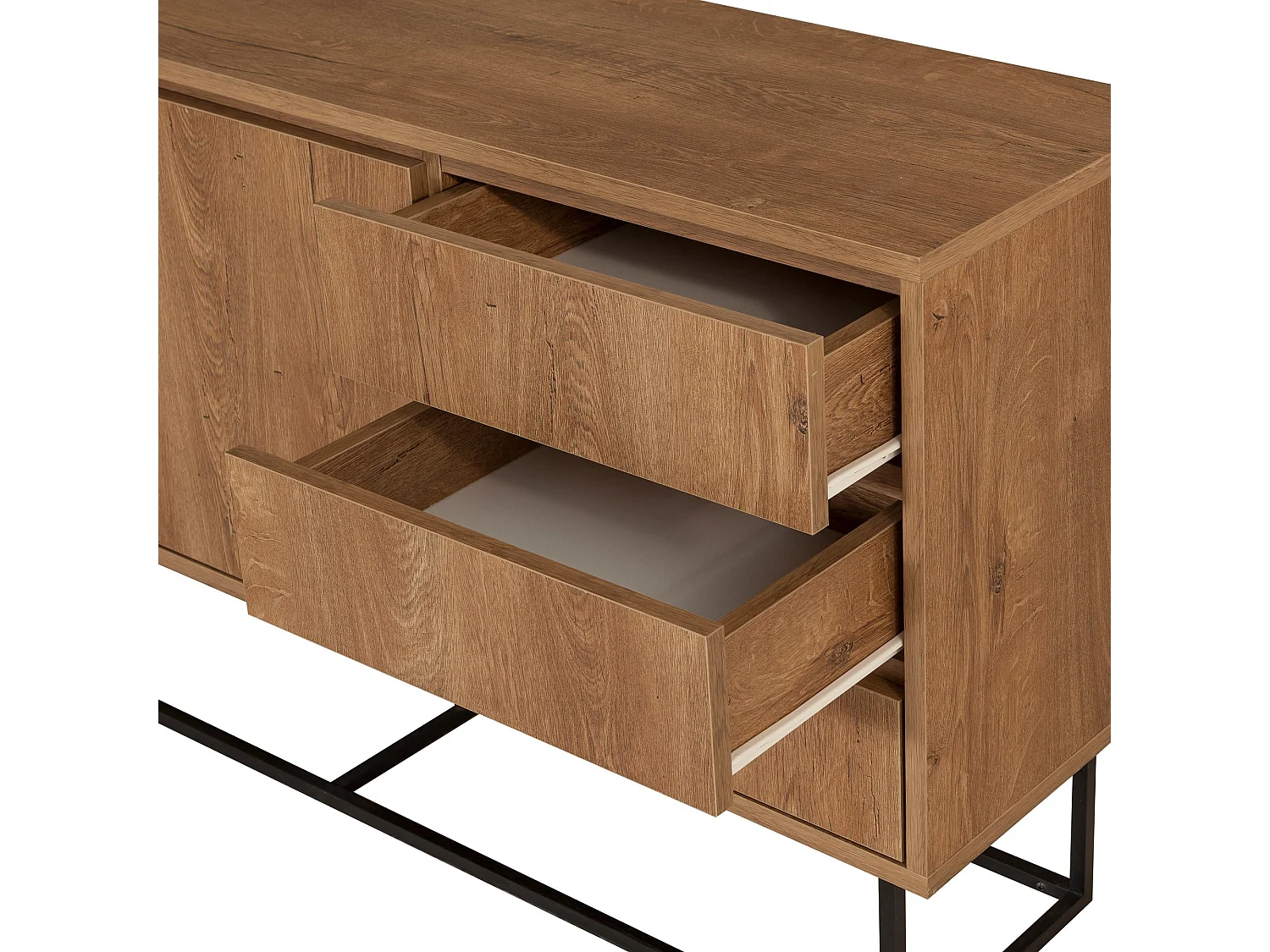 Aparador Moderno com 3 Gavetas e Prateleiras – 140 x 72 x 36 cm – Nogueira e Preto – Melamina e Metal