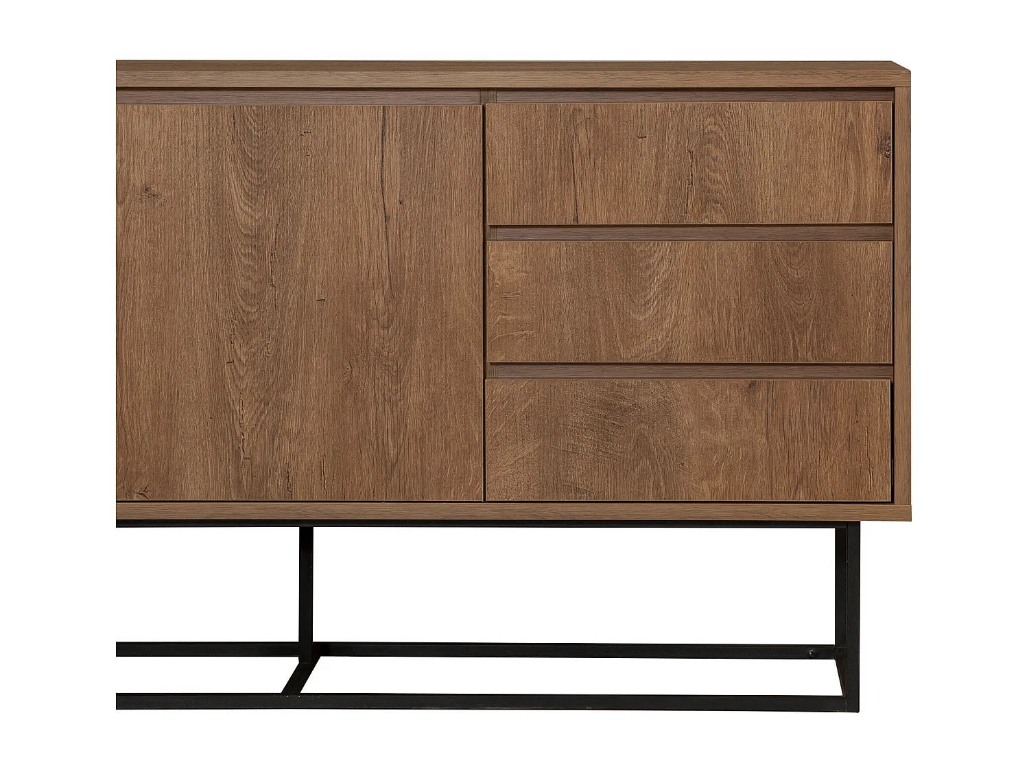 Aparador Moderno com 3 Gavetas e Prateleiras – 140 x 72 x 36 cm – Nogueira e Preto – Melamina e Metal