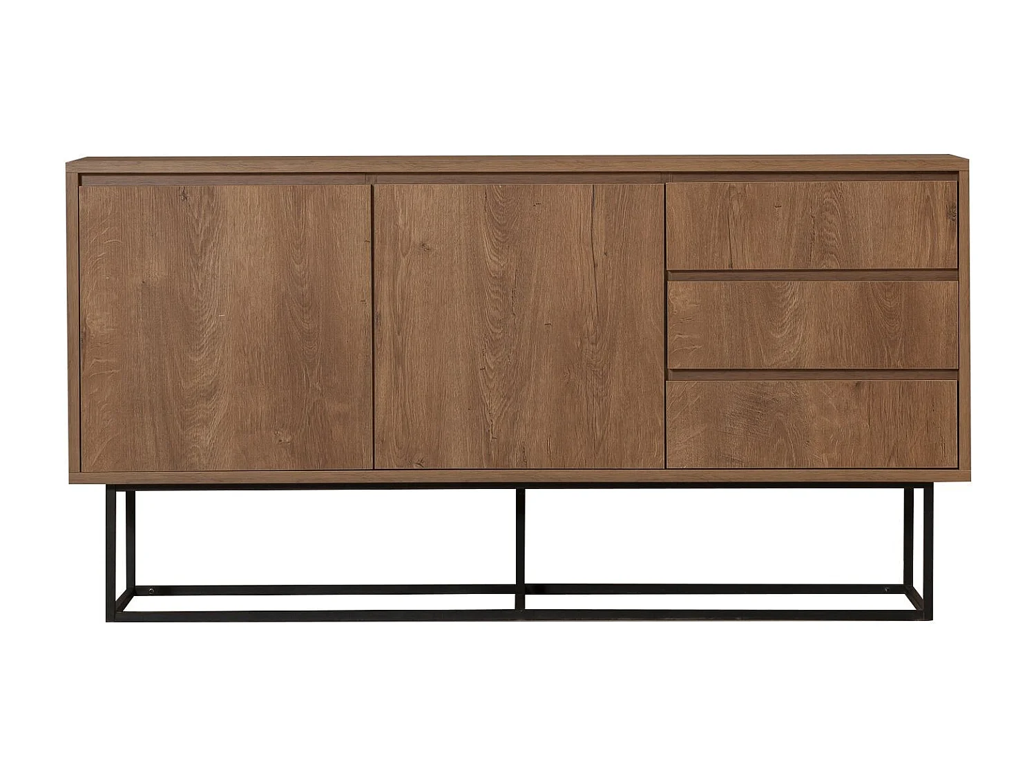 Aparador Moderno com 3 Gavetas e Prateleiras – 140 x 72 x 36 cm – Nogueira e Preto – Melamina e Metal