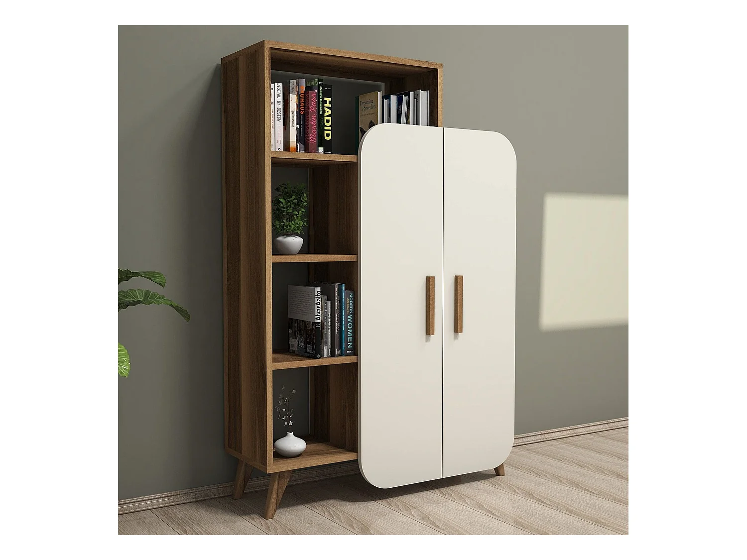 Bibliothèque 2 portes Carlier 90x132cm Bois Naturel et Blanc Crème