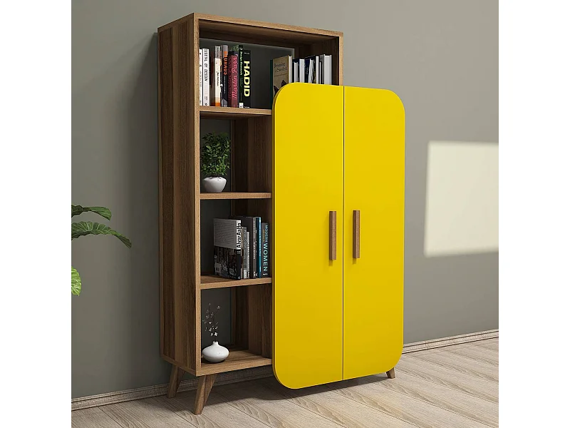 Estantería – 90 x 132 x 32 cm – Nogal y Amarillo – MDF