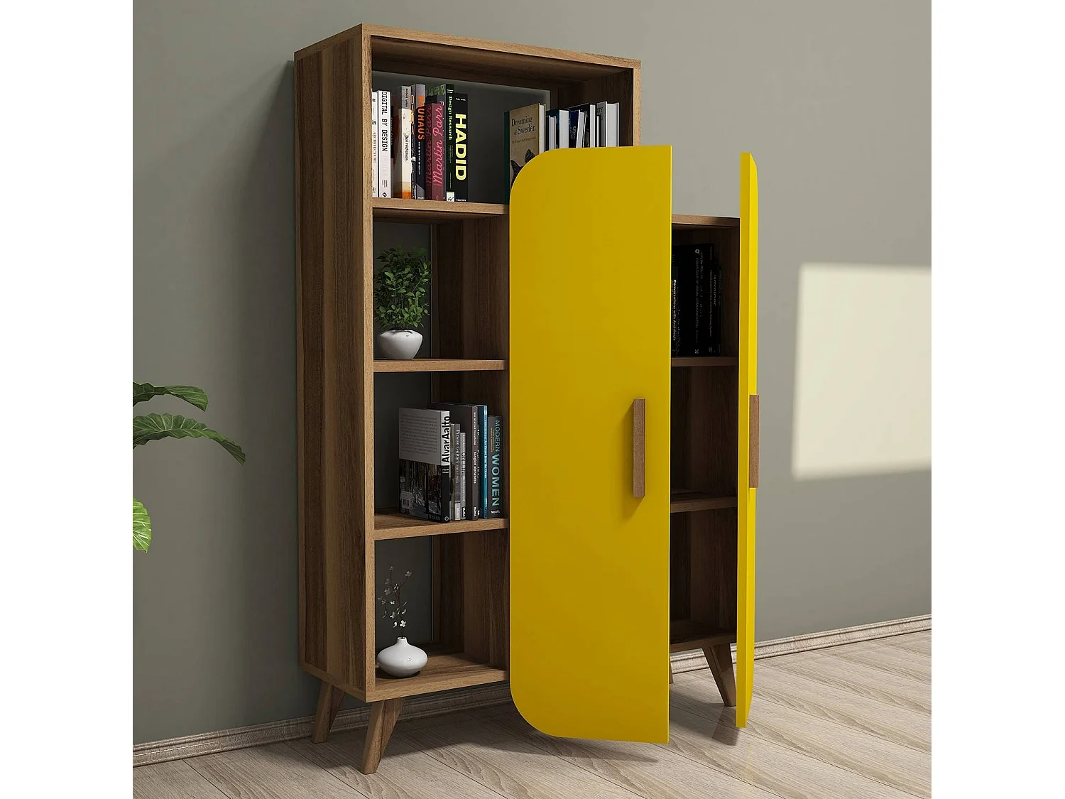 Bibliothèque 2 portes Carlier Bois Naturel et Jaune