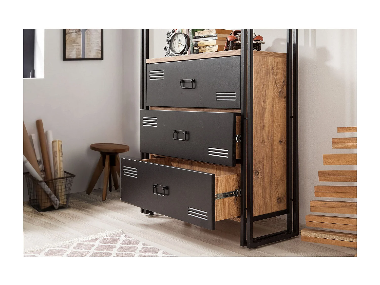 Estante Industrial – 90x180x35 cm – Preto e Pinho Atlântico – Melamina