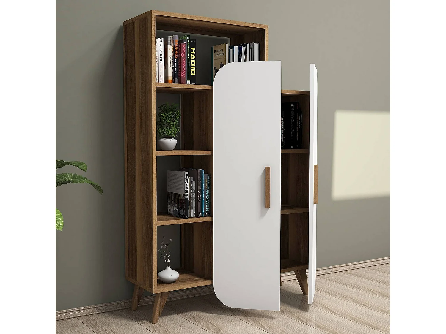 Estante moderna – 90 x 132 x 32 cm – nogueira e branco – painel de partículas revestido a melamina