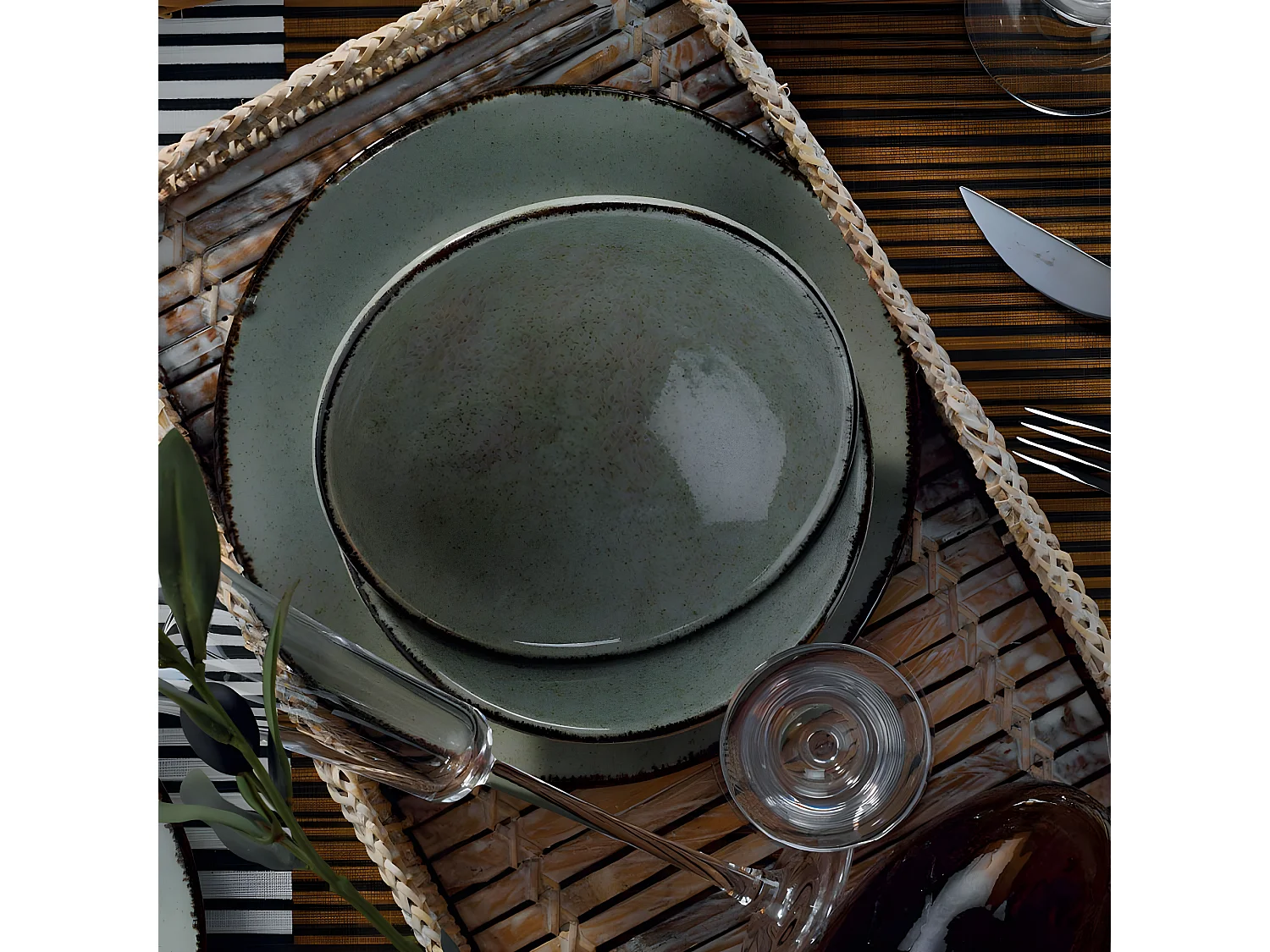 Service de table 24 pièces Ameil Porcelaine tacheté Vert et Marron