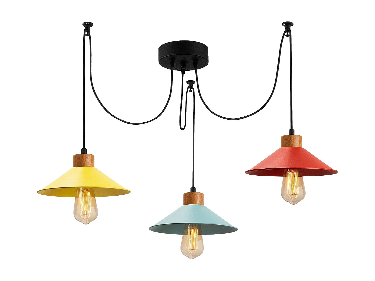 Plafonnier araignée 3 lampes Prismol Bois Naturel et Métal Jaune, Bleu et Vert