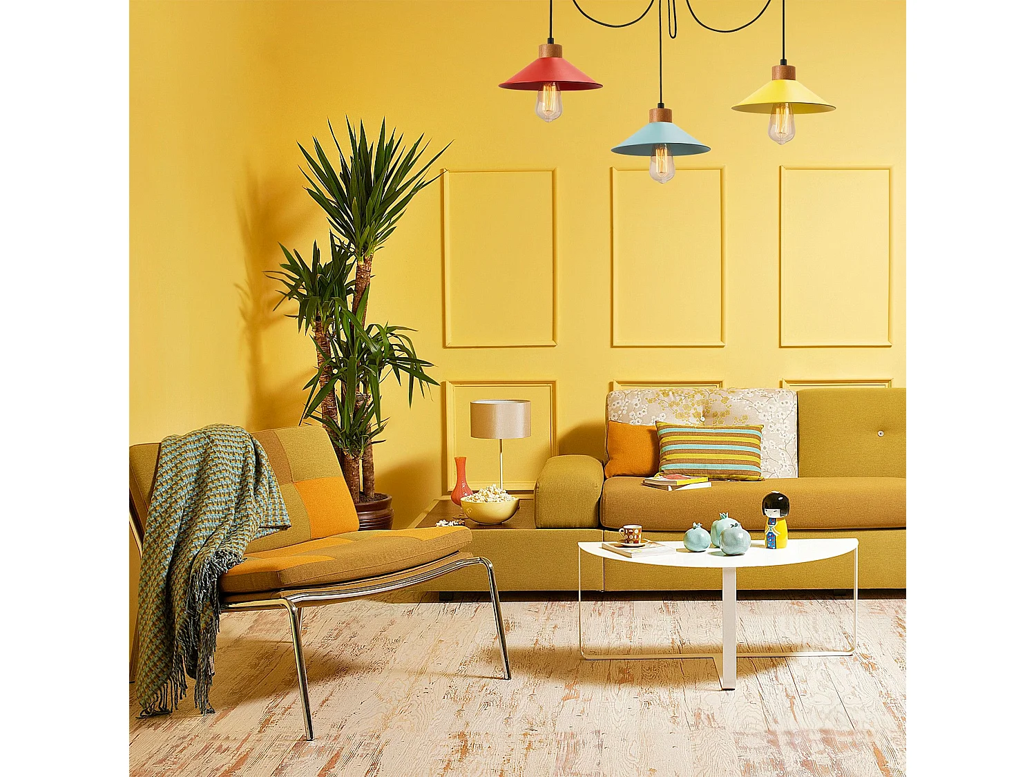 Plafonnier araignée 3 lampes Prismol Bois Naturel et Métal Jaune, Bleu et Vert