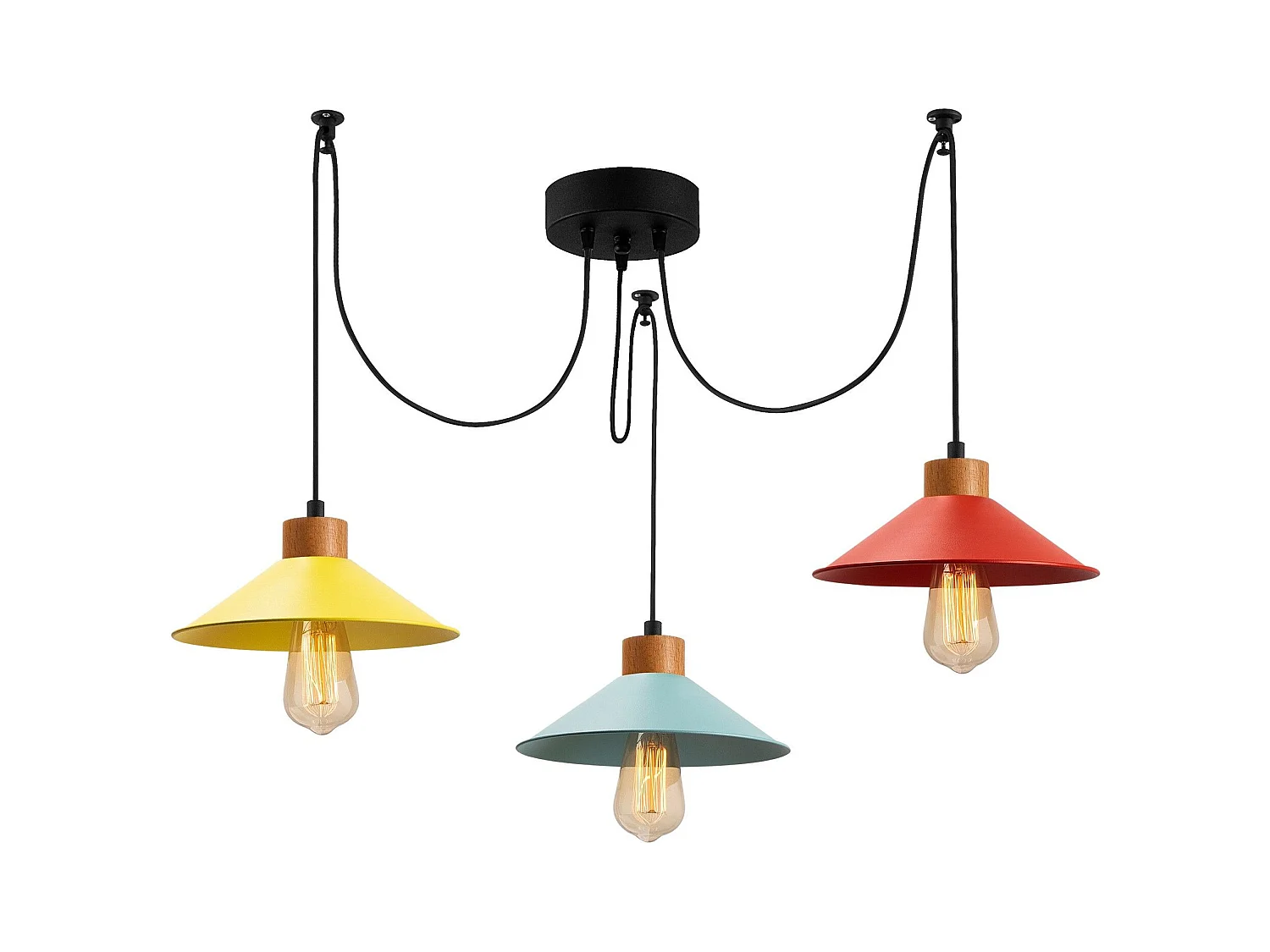 Plafonnier araignée 3 lampes Prismol Bois Naturel et Métal Jaune, Bleu et Vert