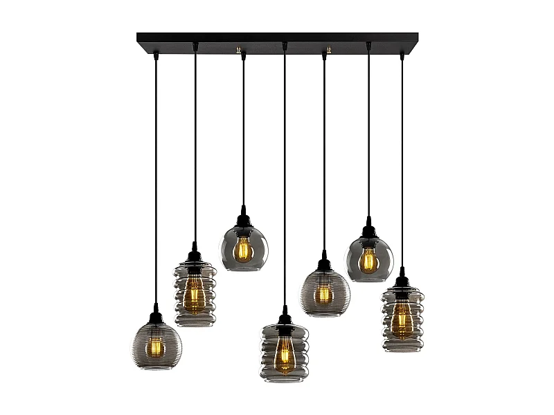 Suspension 7 lampe boules & tubes alignés saccade Mervin 85cm Métal Noir et Verre Fumé