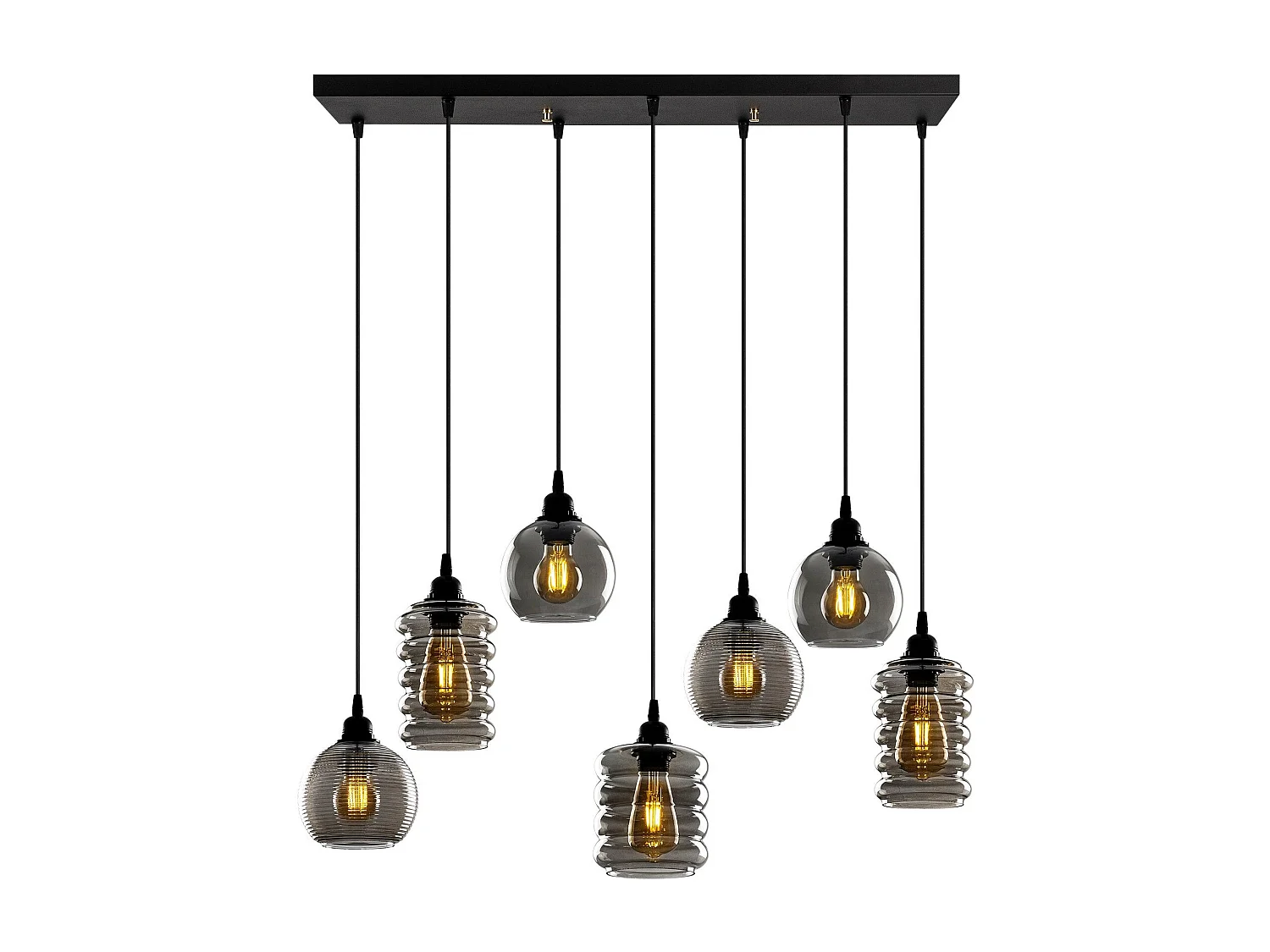 Suspension 7 lampe boules & tubes alignés saccade Mervin 85cm Métal Noir et Verre Fumé