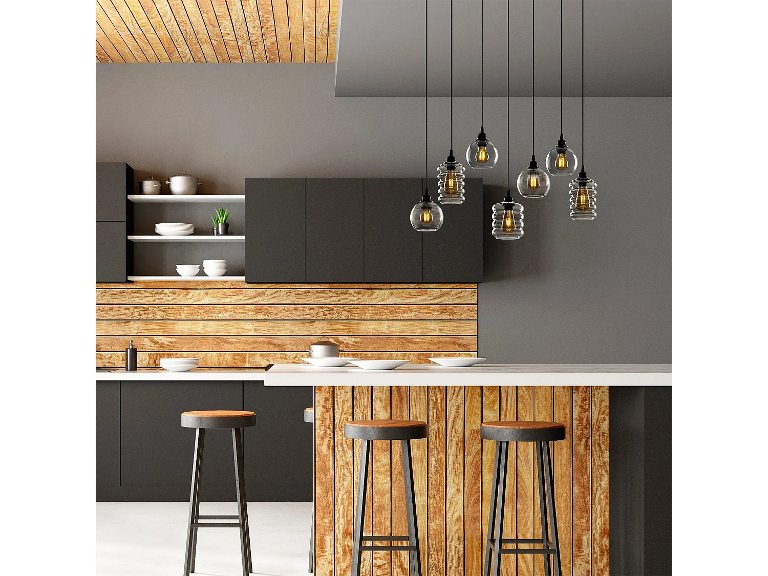 Suspension 7 lampe boules & tubes alignés saccade Mervin 85cm Métal Noir et Verre Fumé