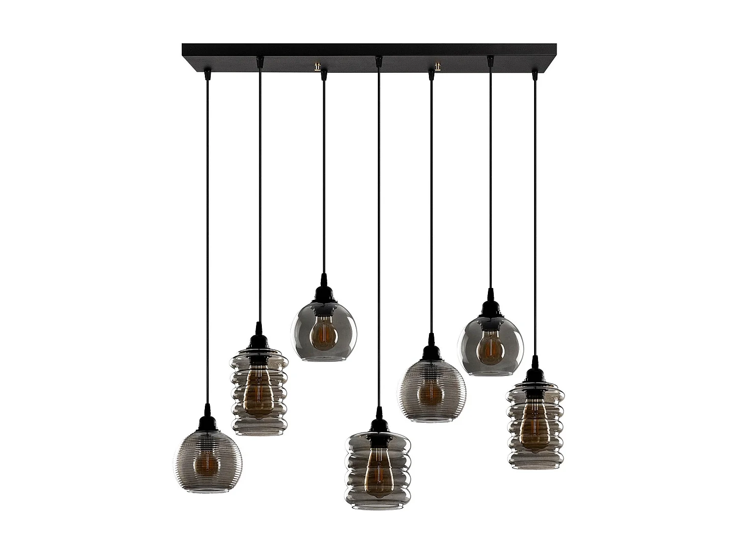 Suspension 7 lampe boules & tubes alignés saccade Mervin 85cm Métal Noir et Verre Fumé