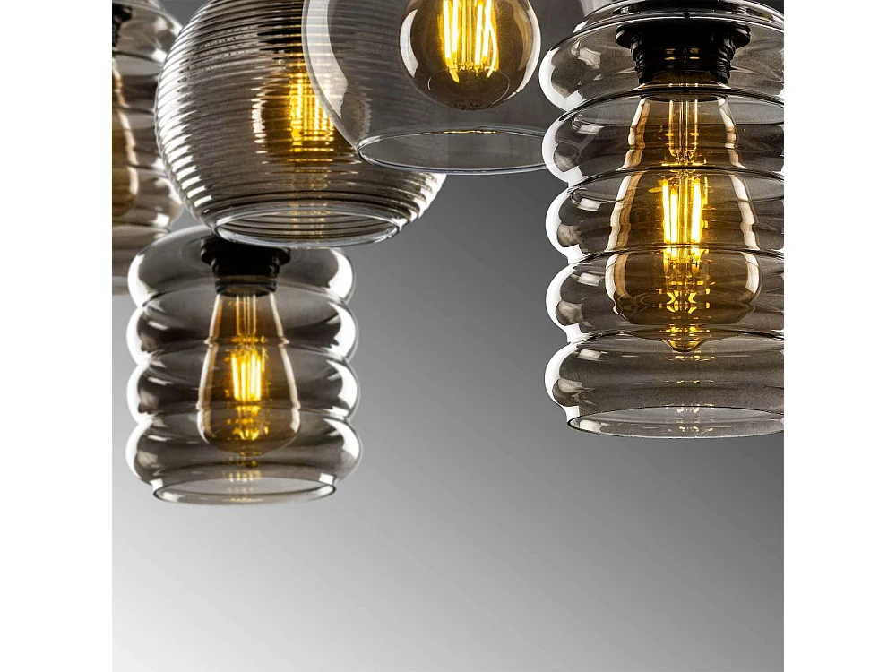 Suspension 7 lampe boules & tubes alignés saccade Mervin 85cm Métal Noir et Verre Fumé