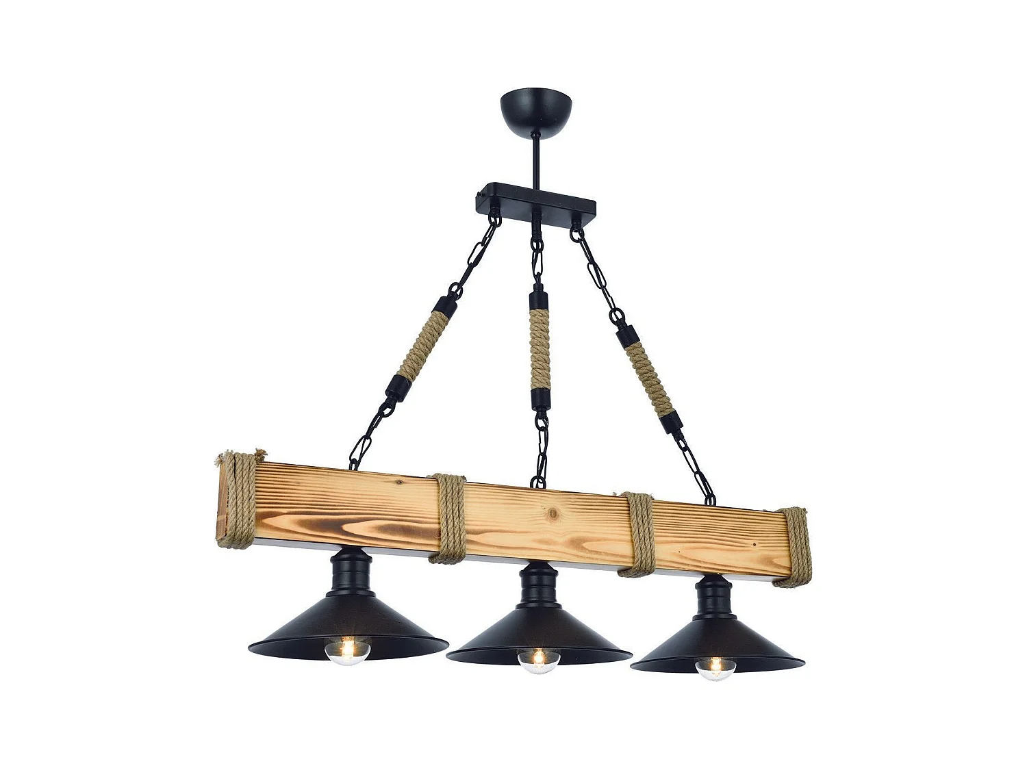 Suspension style industriel 3 lampes Gates L70cm Bois massif clair et Métal Noir