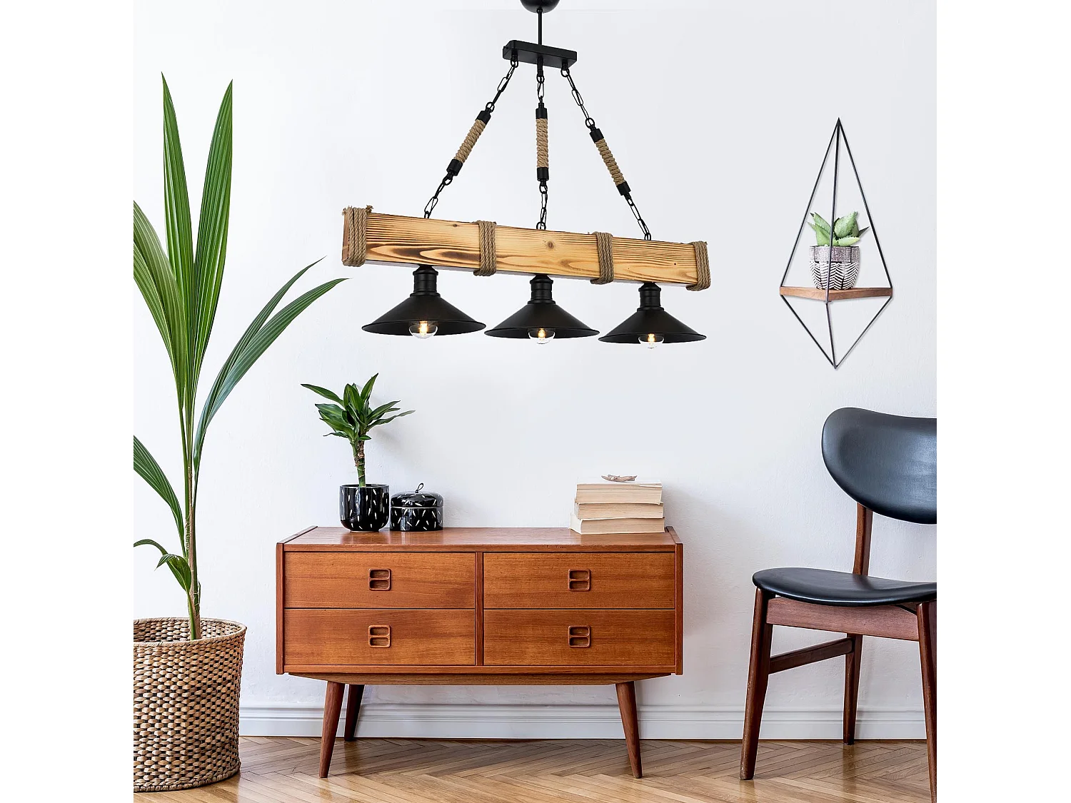 Suspension style industriel 3 lampes Gates L70cm Bois massif clair et Métal Noir