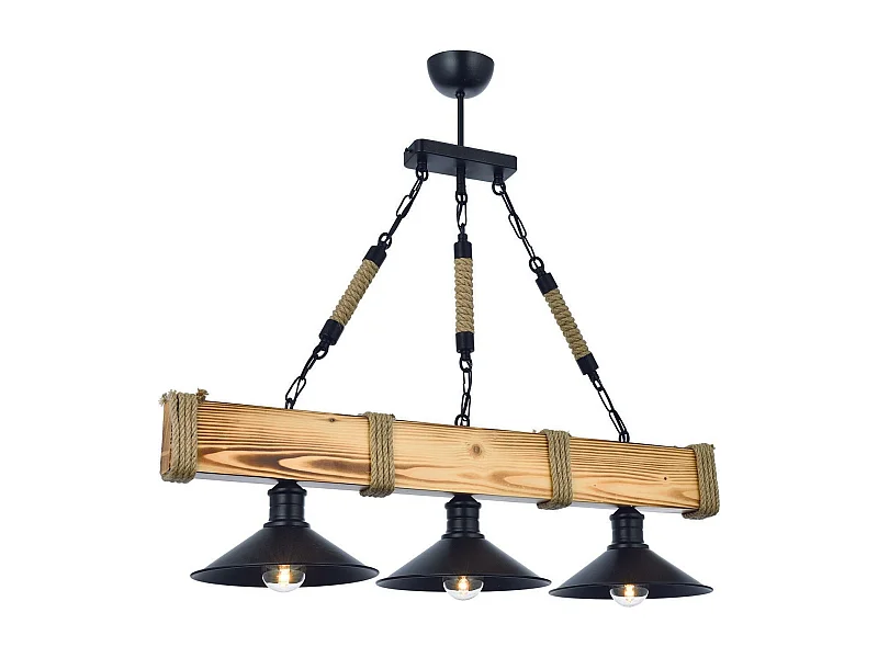 Suspension style industriel 3 lampes Gates L70cm Bois massif clair et Métal Noir