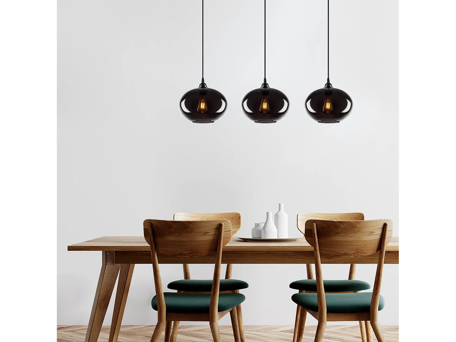 Suspension 3 lampes alignés Ferno L97cm Métal et Verre Noir