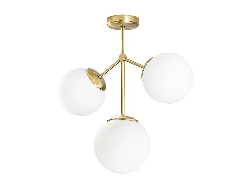 Plafonnier 3 lampes sphérique Acresh 43cm Verre Blanc et Métal Or