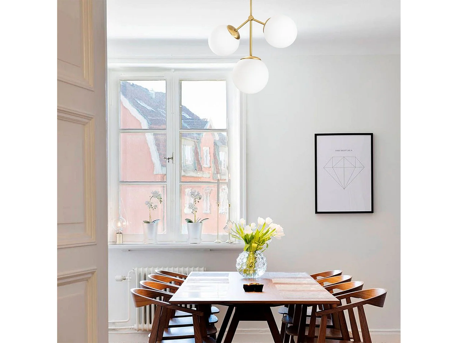 Plafonnier 3 lampes sphérique Acresh 43cm Verre Blanc et Métal Or