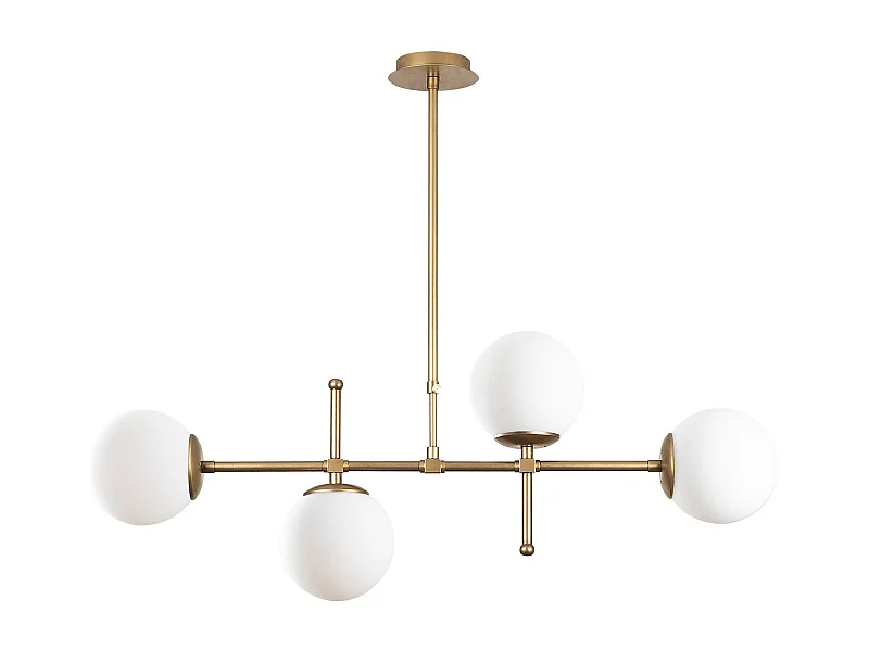 Suspension barre 4 lampes globes Movado 108cm Métal Or antique et Chrome et Verre Blanc