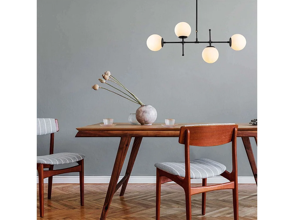 Suspension barre 4 lampes globes Movado 108cm Métal Or antique et Chrome et Verre Blanc