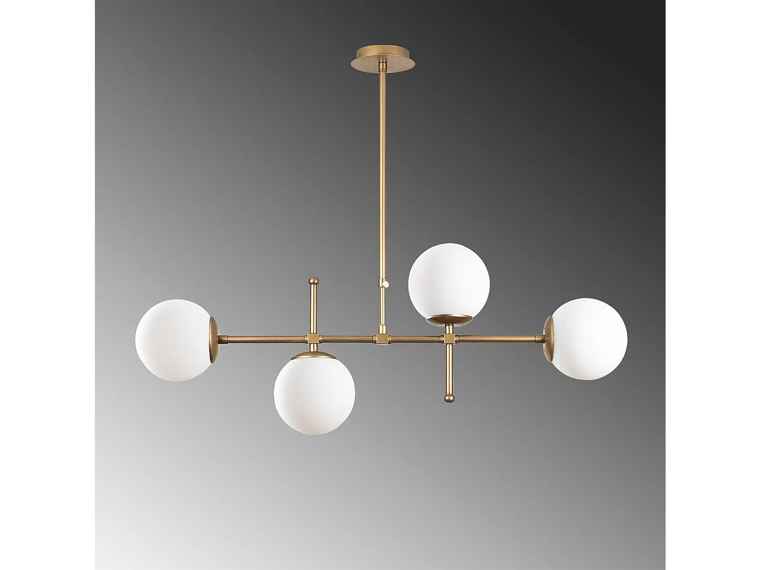 Suspension barre 4 lampes globes Movado 108cm Métal Or antique et Chrome et Verre Blanc