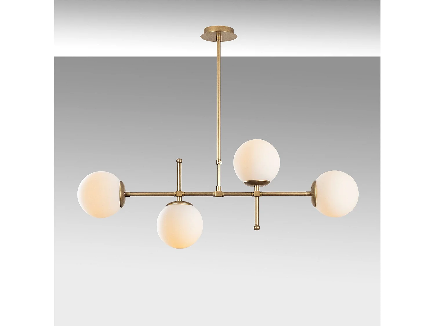 Suspension barre 4 lampes globes Movado 108cm Métal Or antique et Chrome et Verre Blanc
