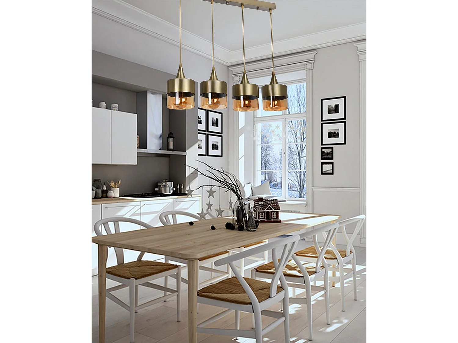 Suspension 4 lampes alignées Rebexa Métal Or et Verre Fumé