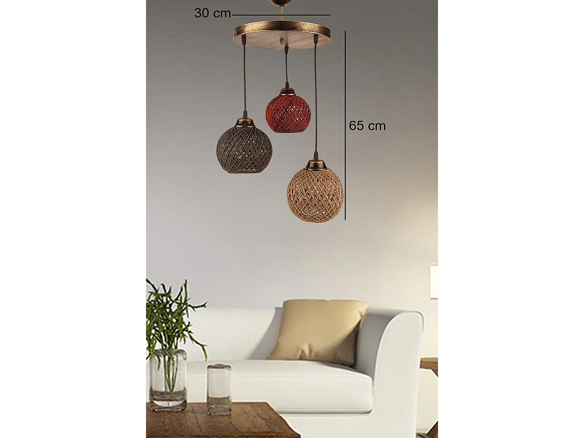 Suspension 3 lampes escalier Brax D32cm Métal Or antique et Coton Marron Beige et Orange