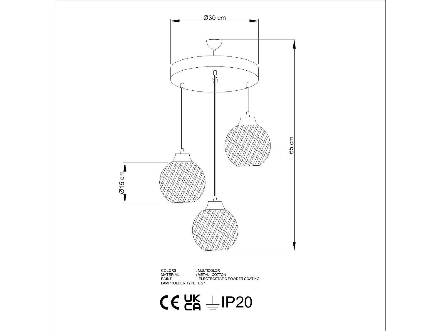 Suspension 3 lampes escalier Brax D32cm Métal Or antique et Coton Marron Beige et Orange