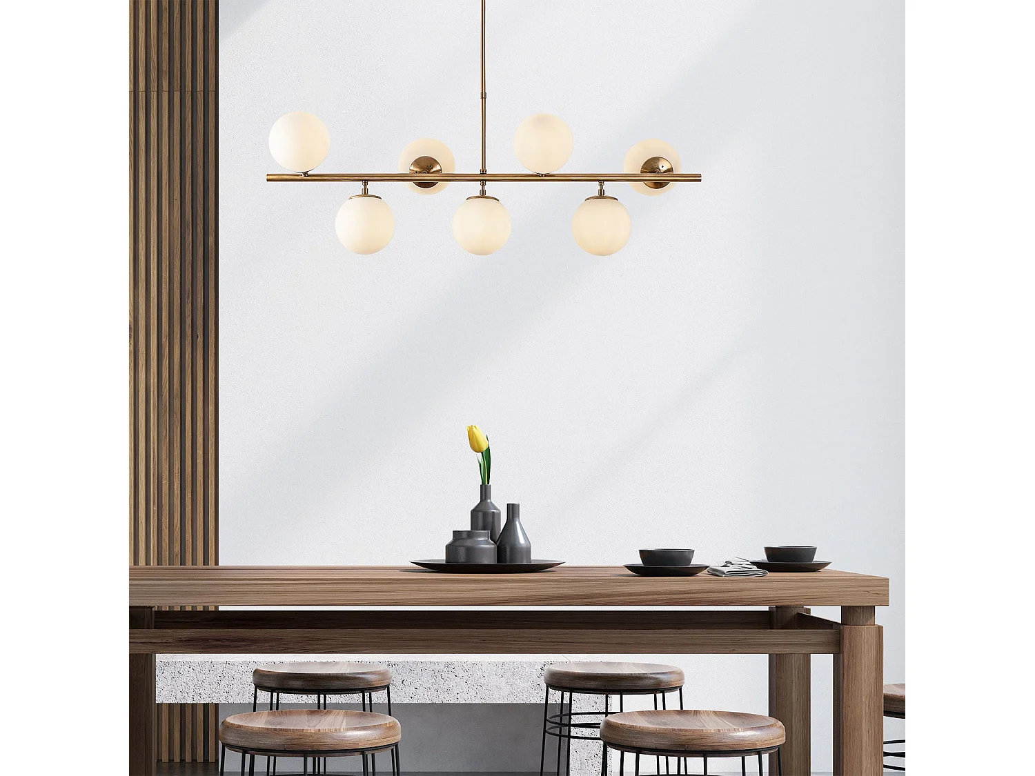 Suspension 7 lampes horizontale ajustable Holla L113cm Verre Blanc et Métal Or