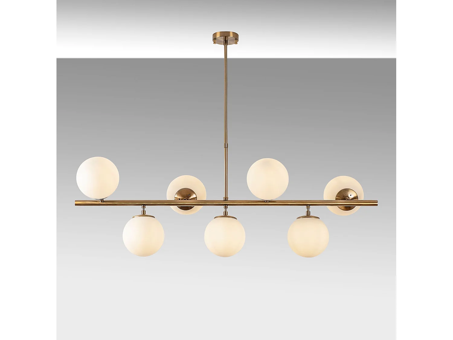 Suspension 7 lampes horizontale ajustable Holla L113cm Verre Blanc et Métal Or