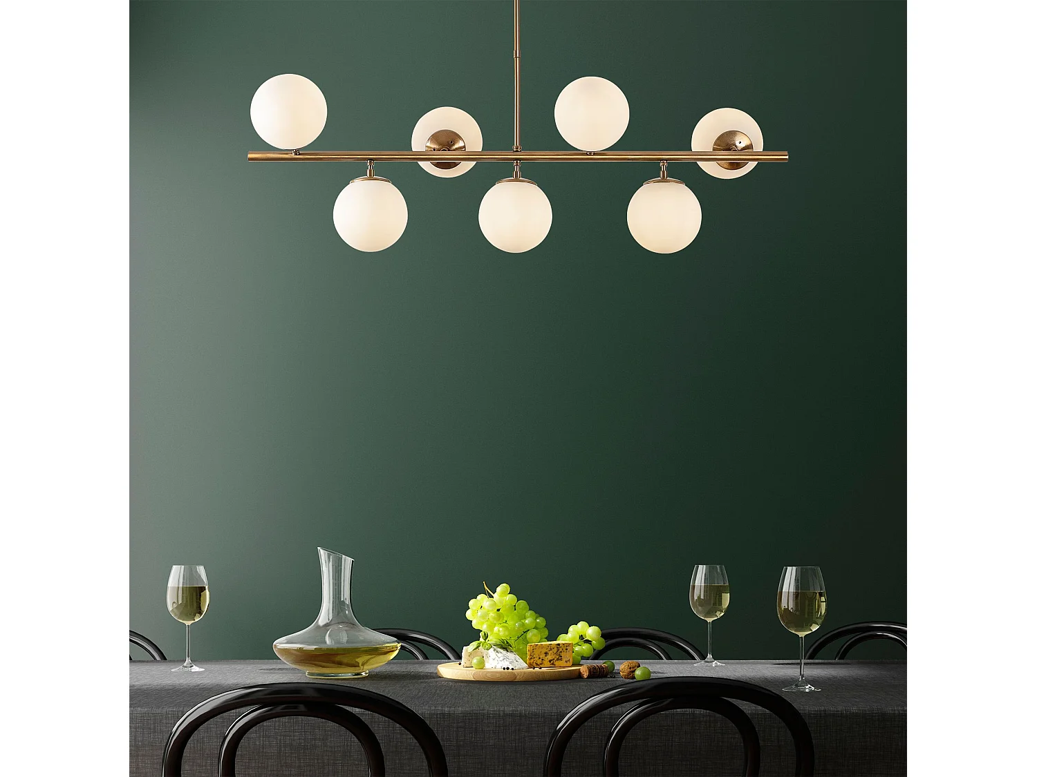 Suspension 7 lampes horizontale ajustable Holla L113cm Verre Blanc et Métal Or