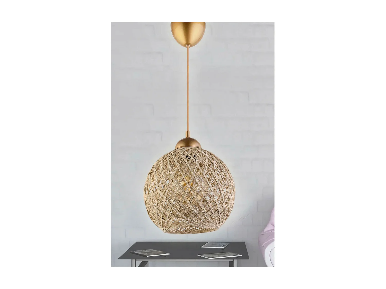Suspension Berleda D22cm Métal Or et Coton Beige Brillant