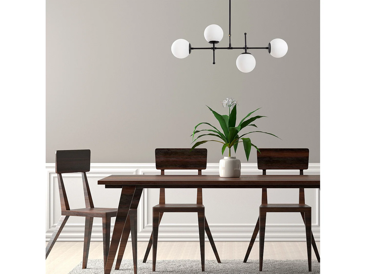Suspension barre 4 lampes globes Movado 108cm Métal Noir et Verre Blanc
