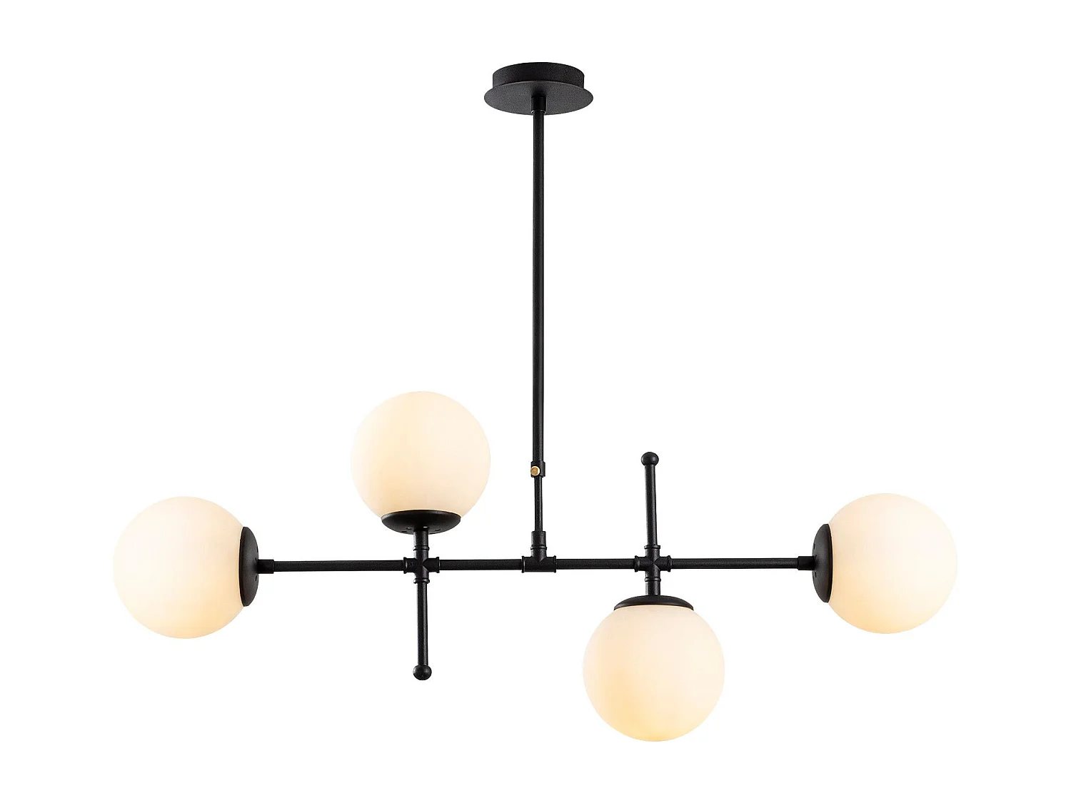 Suspension barre 4 lampes globes Movado 108cm Métal Noir et Verre Blanc