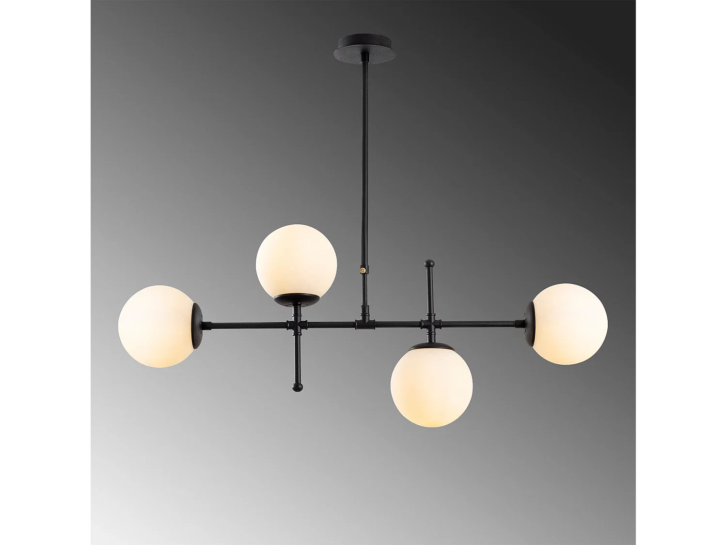 Suspension barre 4 lampes globes Movado 108cm Métal Noir et Verre Blanc