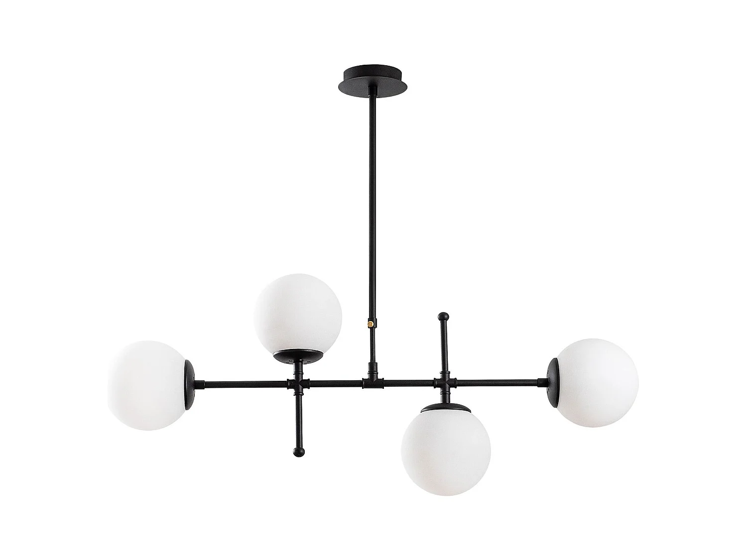 Suspension barre 4 lampes globes Movado 108cm Métal Noir et Verre Blanc