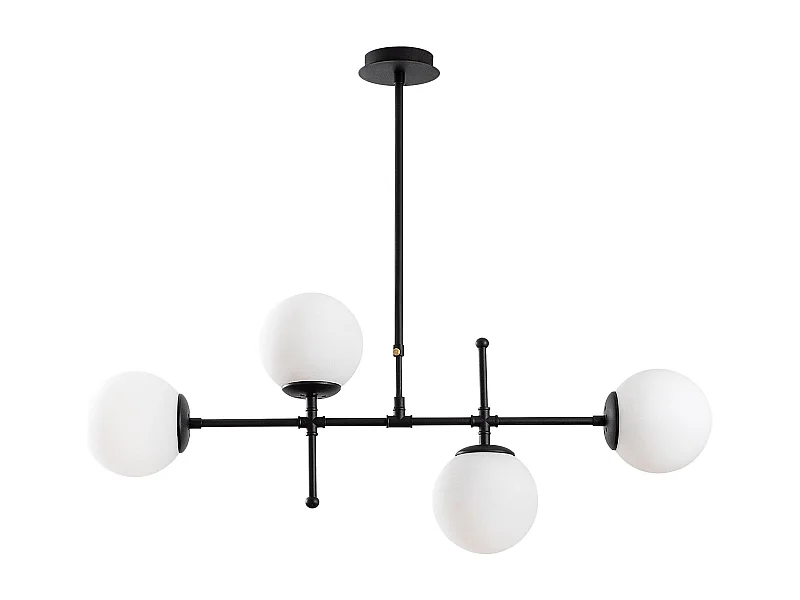Suspension barre 4 lampes globes Movado 108cm Métal Noir et Verre Blanc