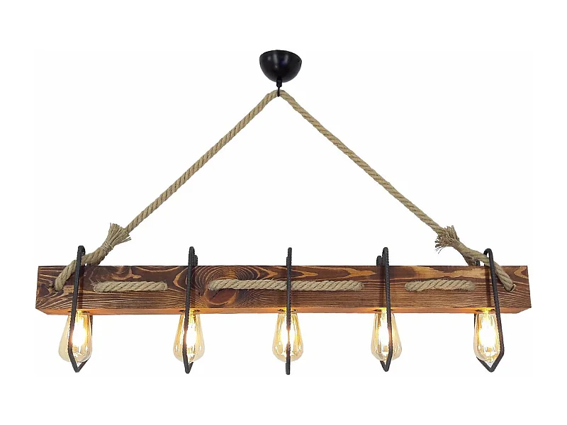 Suspension 5 lampes alignées Tyran L100cm Métal Noir, Pin massif Naturel et Corde Beige