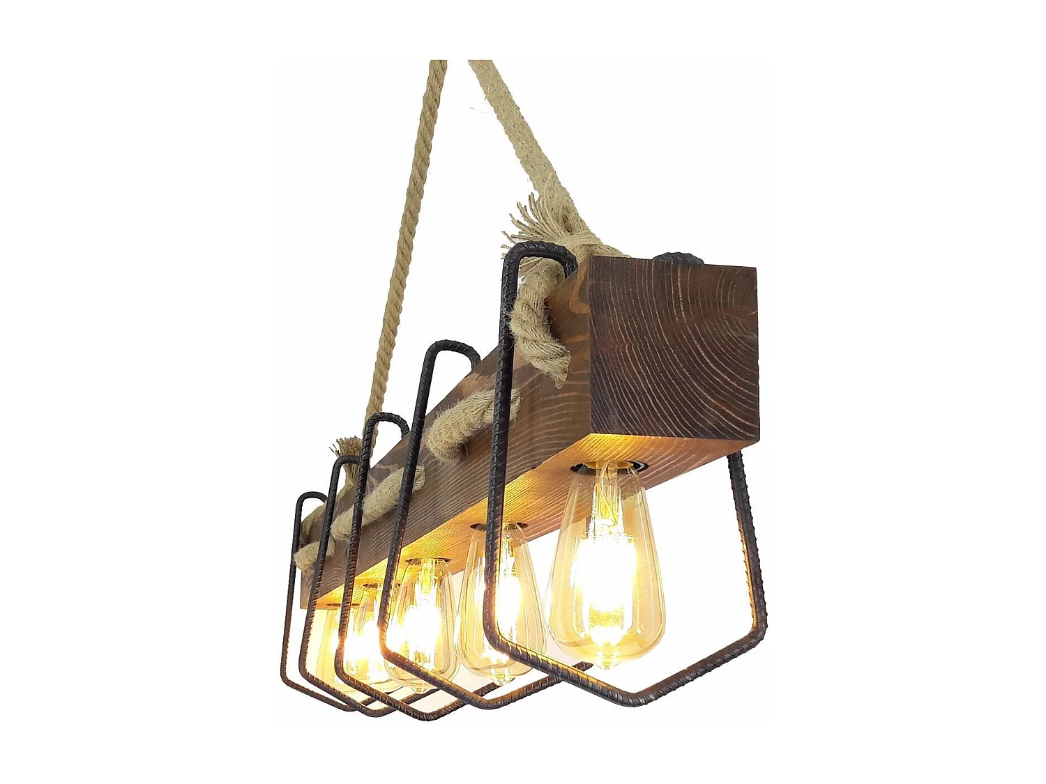 Suspension 5 lampes alignées Tyran L100cm Métal Noir, Pin massif Naturel et Corde Beige