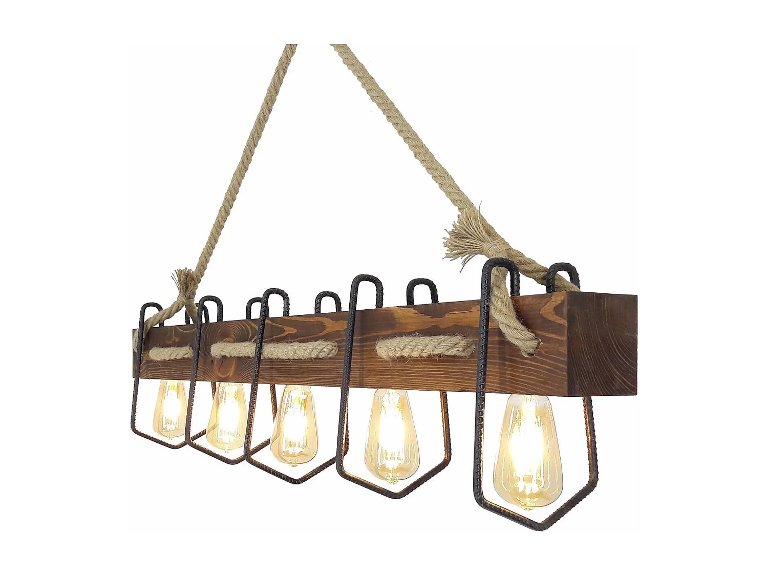 Suspension 5 lampes alignées Tyran L100cm Métal Noir, Pin massif Naturel et Corde Beige