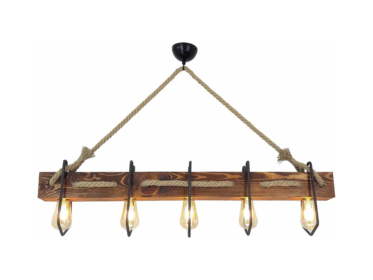 Suspension 5 lampes alignées Tyran L100cm Métal Noir, Pin massif Naturel et Corde Beige