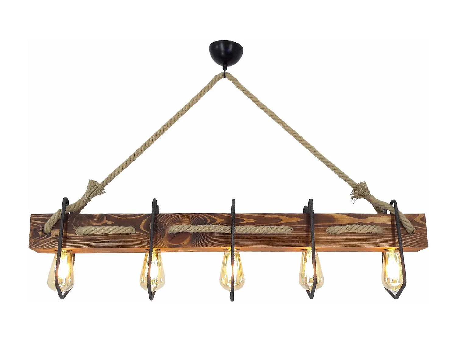 Suspension 5 lampes alignées Tyran L100cm Métal Noir, Pin massif Naturel et Corde Beige